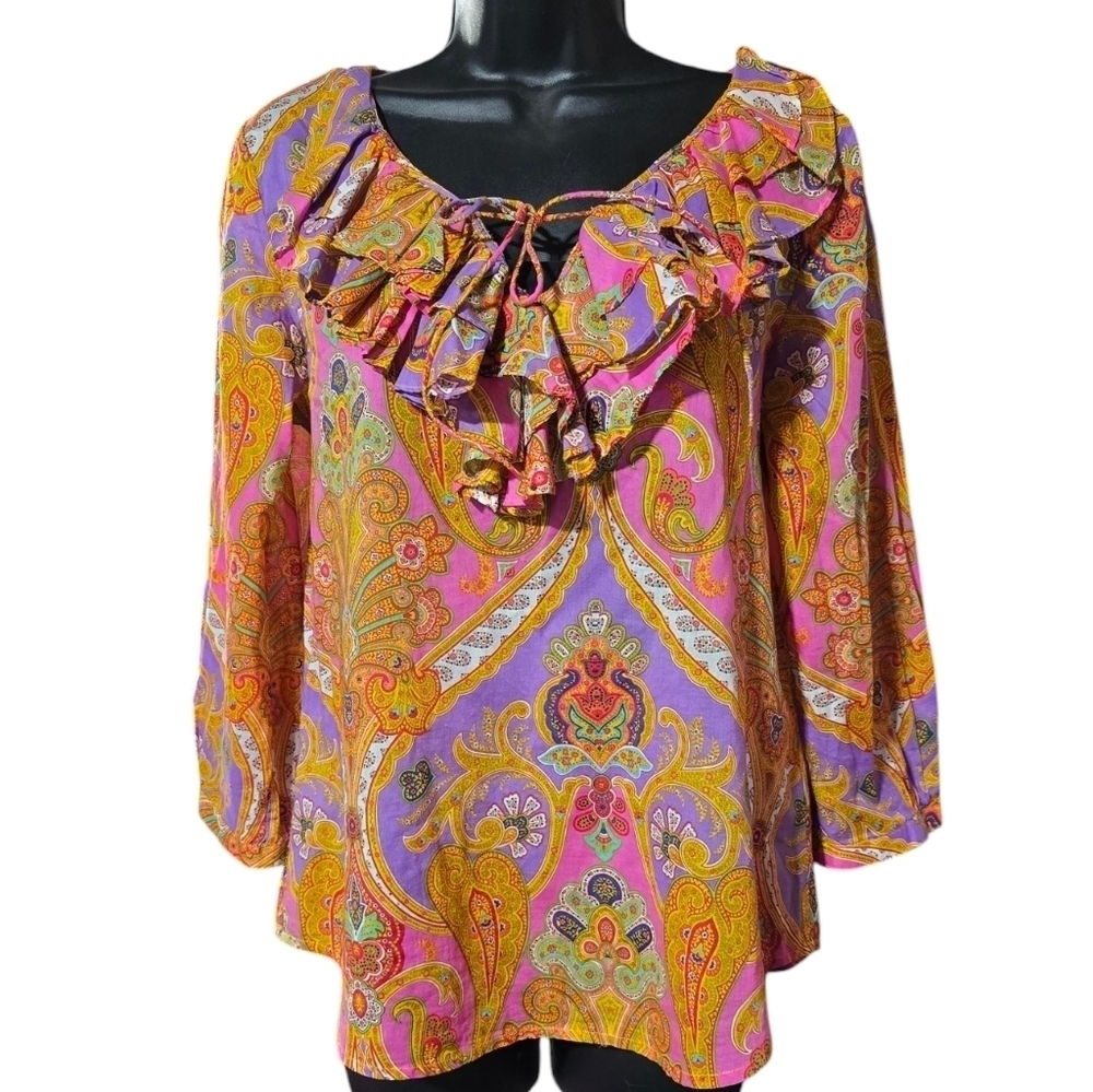 LRL ruffled v-neckline boho cotton paisley blouse